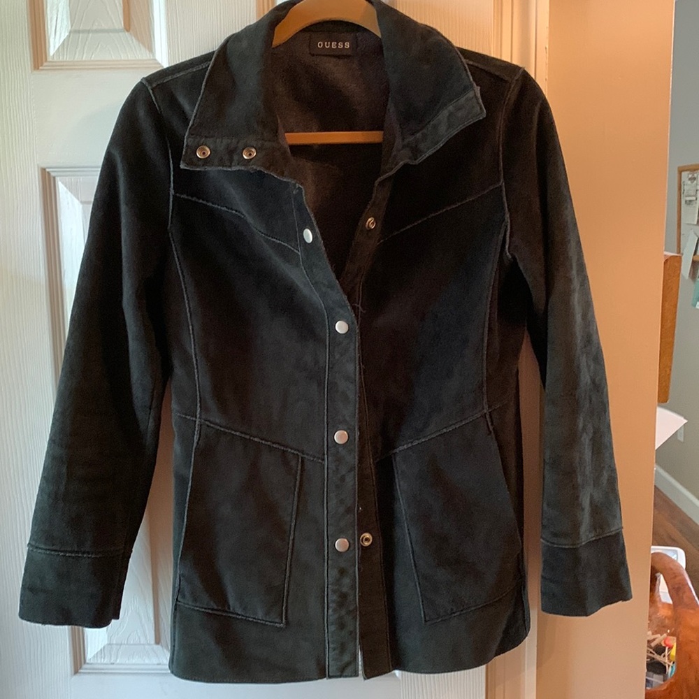 Vintage Guess black suede leather fitted jacket w fleece lining